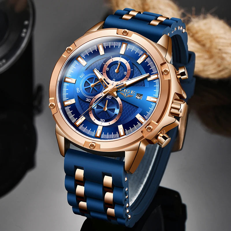 LivinginHiding™ LIGE Luxury Dial Clock Male Fashion Silicone Quartz Gold Chronograph Montre Homme