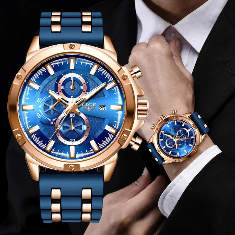 LivinginHiding™ LIGE Luxury Dial Clock Male Fashion Silicone Quartz Gold Chronograph Montre Homme blue  - gold