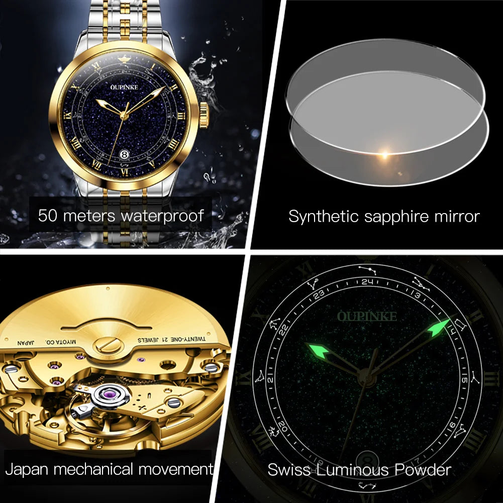 LivinginHiding™ OUPINKE Original Automatic Star Diamond Design Luminous Wristwatch Montre Homme