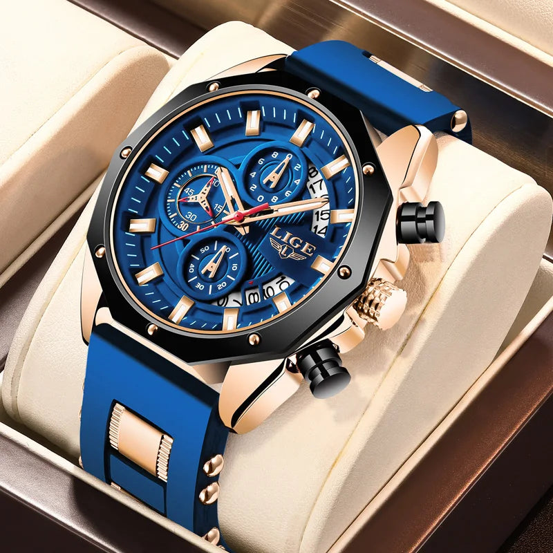 LIGE New Fashion Mens Watches Top Brand Luxury Silicone Sport Watch for Men Quartz Date Clock Waterproof Wristwatch Chronograph - blue - gold